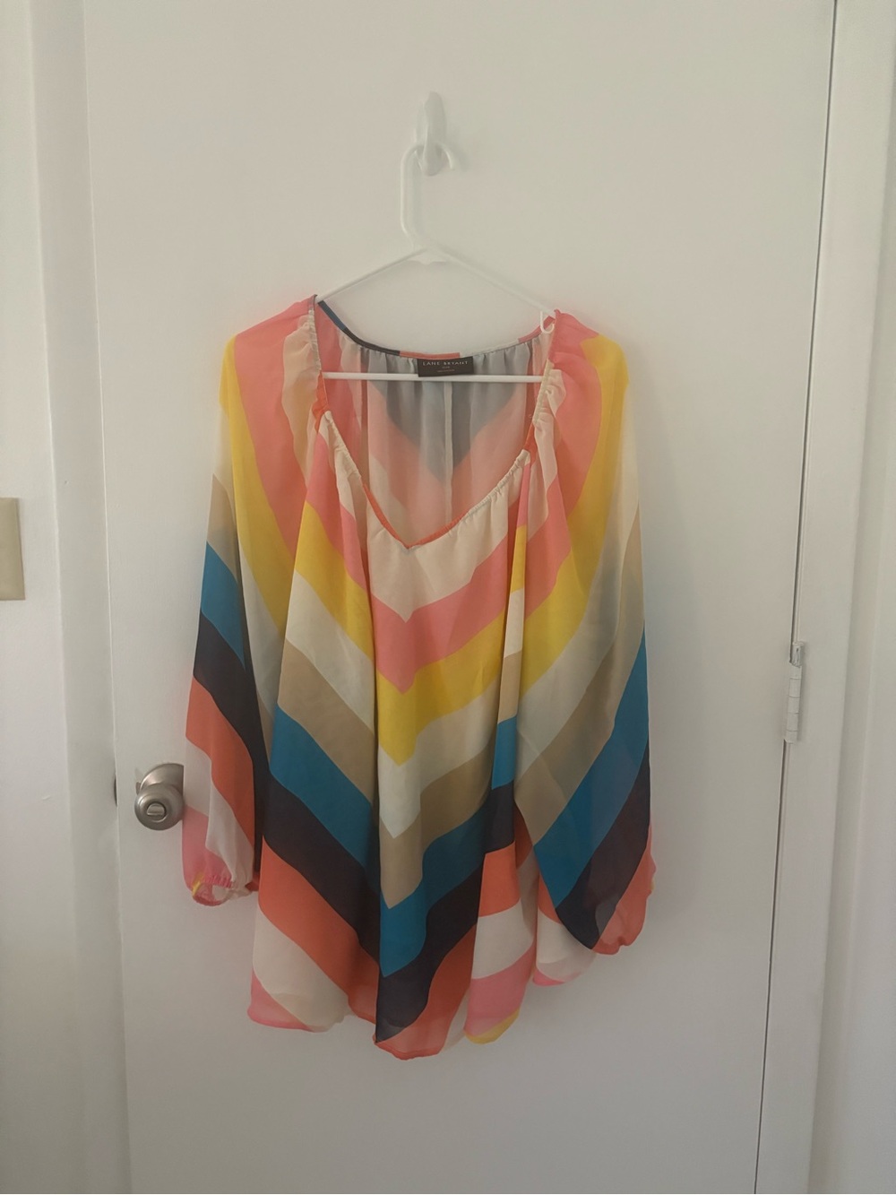 Lane Bryant Striped Multicolor Peasant Tunic - Coral, Yellow, Blue, Cream